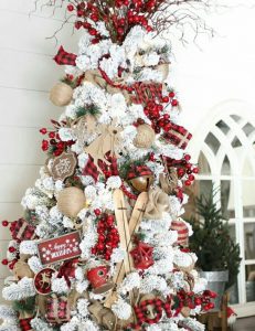 arboles de navidad nevados con decoraciones rojas